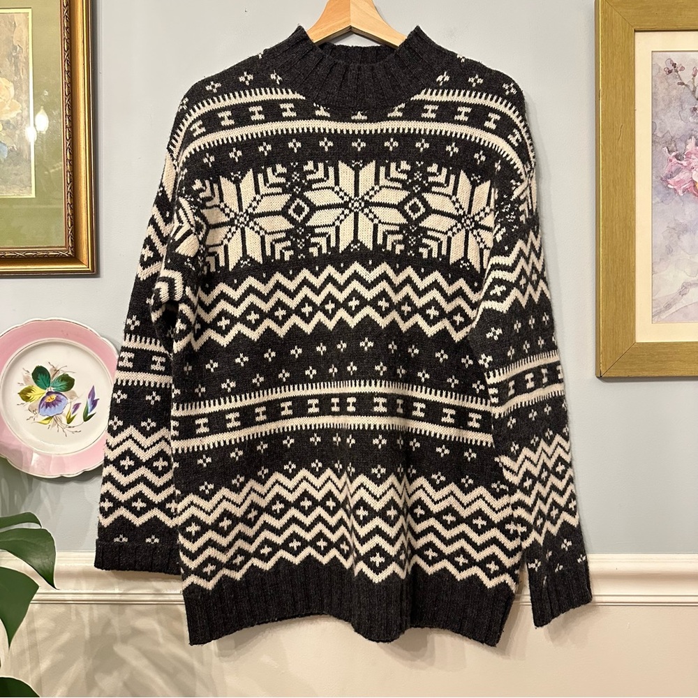 Vintage 100% Lambswool Sweater Small 90s Y2K Fair Isle Ski Oversized Chunky Wool